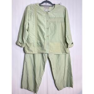 Coldwater Creek Silk Cotton Embroidered Pajama Set Women SP VTG Pistachio Green